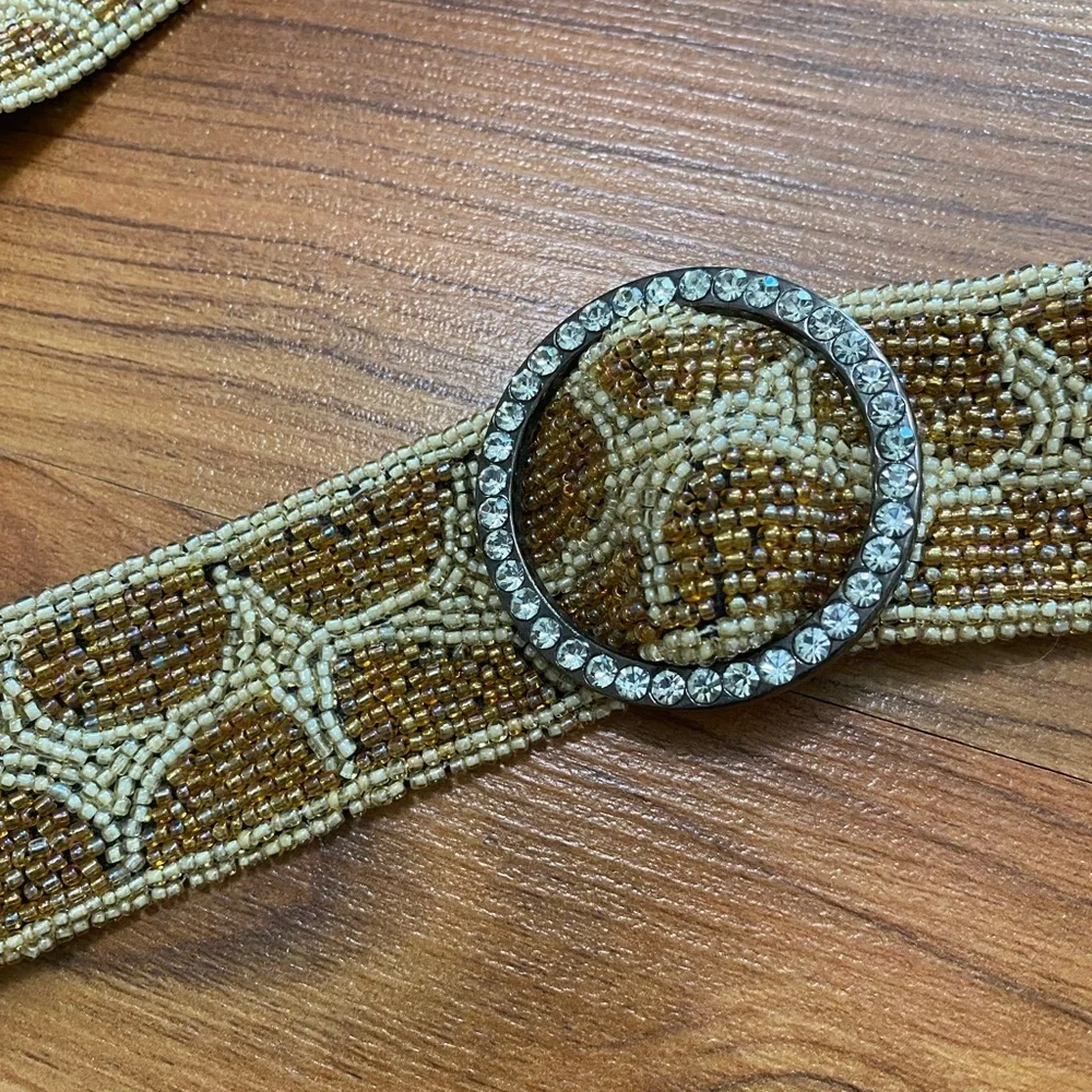 Beaded Brown Animal Print Belt with around Rhinestone Buckle Size Large